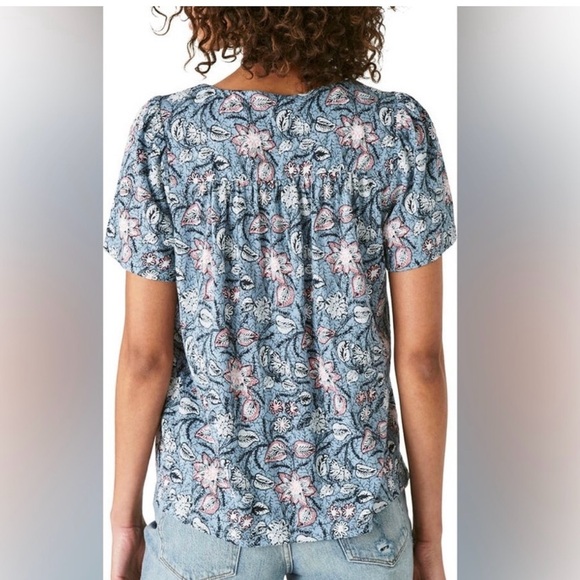 Lucky Brand cotton/modal floral boho top Size S blue white coral - Picture 11 of 11